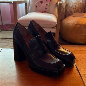 Women's Platform Penny Loafer Heels in Dark Brown Leather
